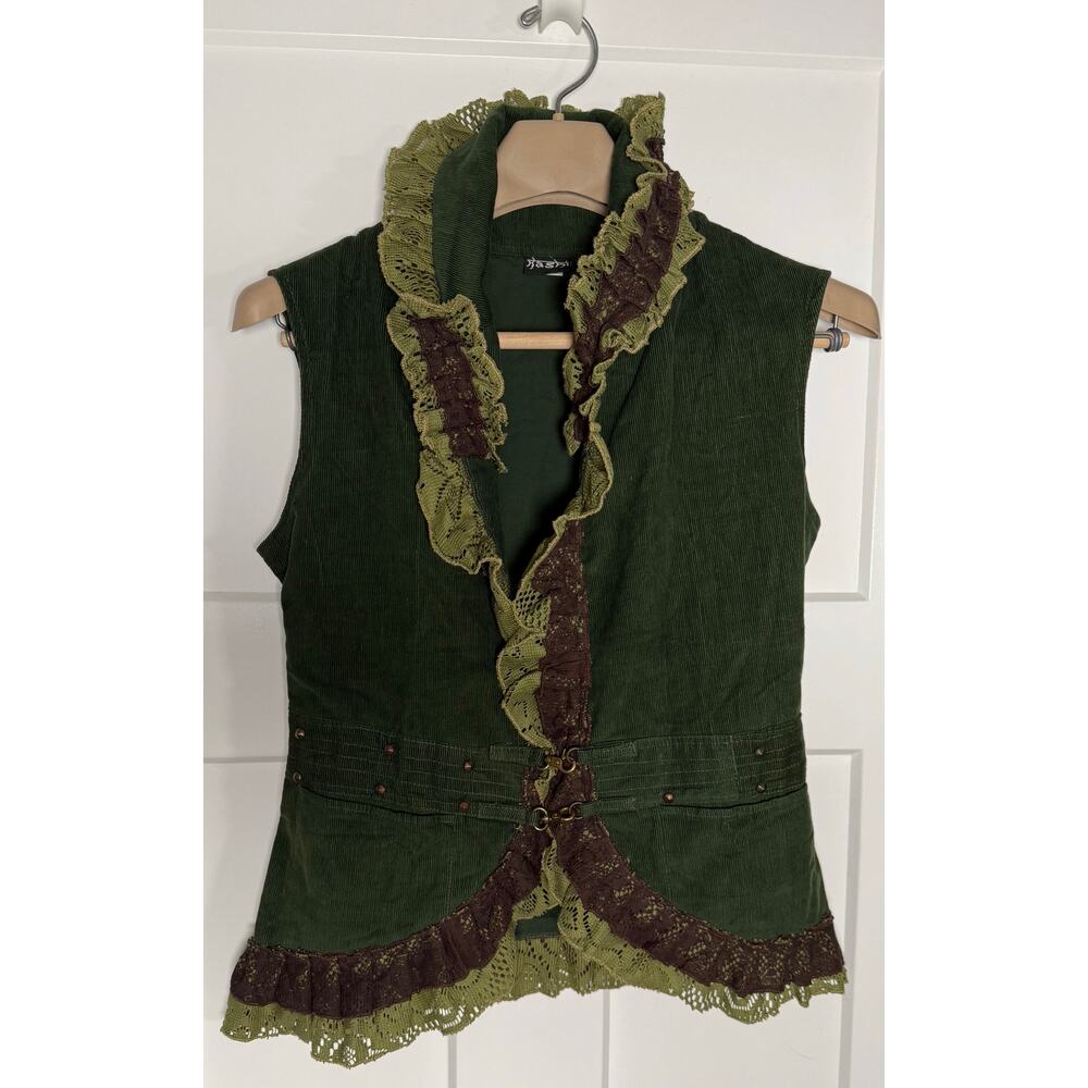 Steampunk Green Corduroy Vest Lace Ruffles Womens Size MEDIUM Festival